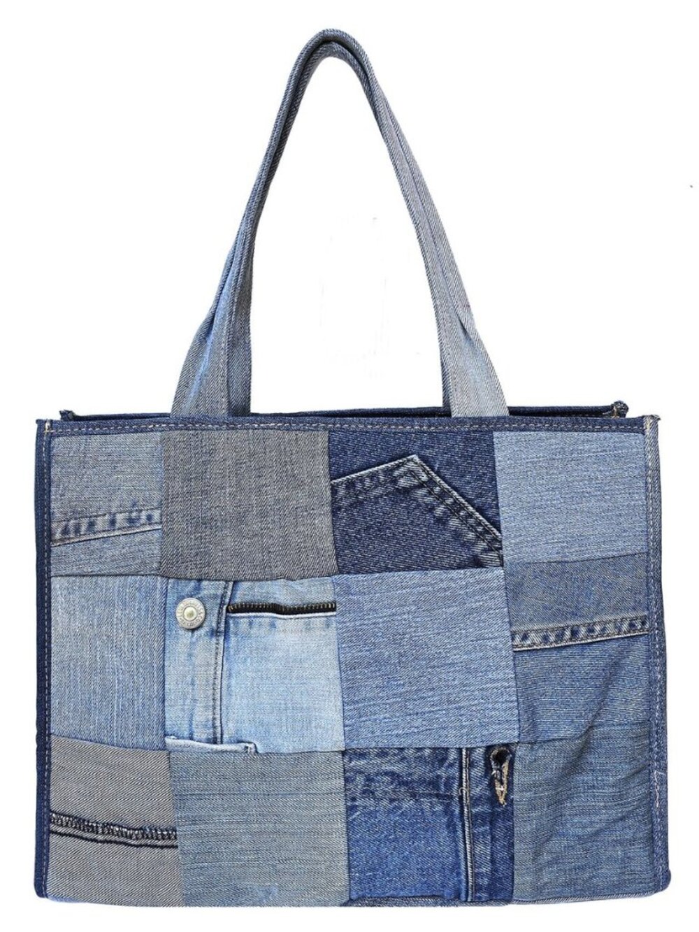 Upcycled Denim Patchwork Tote Bag for Women, Handmade Quilted Jean Purse, Large